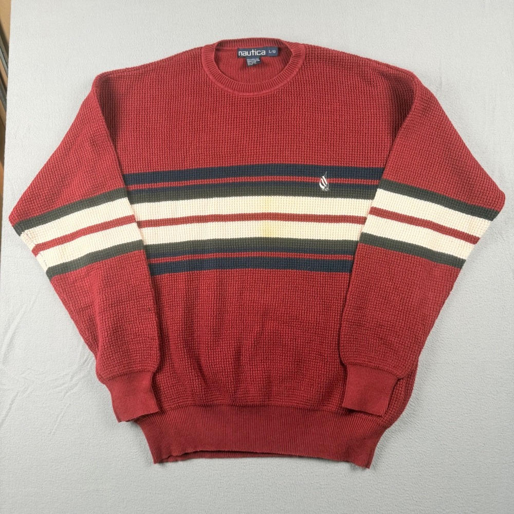 Vintage 90's Nautica Mens Large Waffle Knit Cotton Striped Crewneck Sweater Red